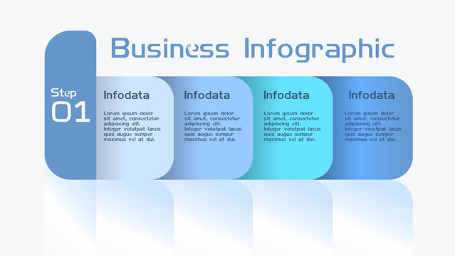 Business infographic displays numbered steps with data blocks using pastel hues