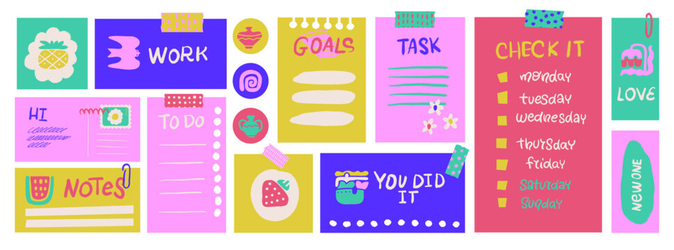 A colorful and vibrant collection of stickers and notes for planning and organization, featuring motivational phrases and fun illustrations.