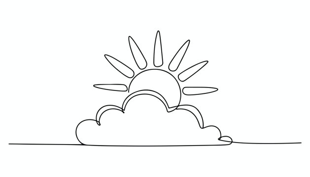 One continuous line illustration of an Sun and Cloud , isolated on white background.