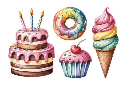 Cute Watercolor Dessert Clipart Set, Cake Donut Ice Cream Bundle, Isolated on White background