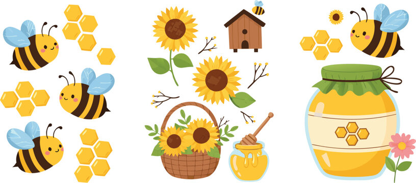 Cute honey bee and sunflower vector set featuring hand drawn kawaii characters, honeycomb, honey jars, and floral elements for summer garden nursery decor and sticker designs