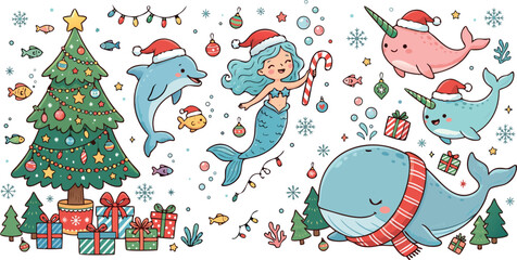 Kawaii Christmas Under the Sea Illustration Set Featuring Mermaid Santa Narwhal Whale and Nautical Holiday Tree Elements © MdMojnu