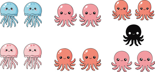 Cute jellyfish and octopus characters collection set with different colors and styles, cartoon marine animals vector illustration for kids and ocean design © Bokul