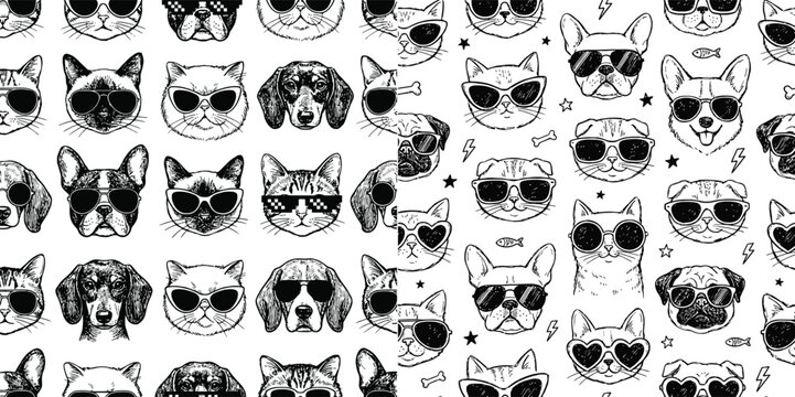 Seamless pattern with hand drawn cats and dogs wearing trendy sunglasses