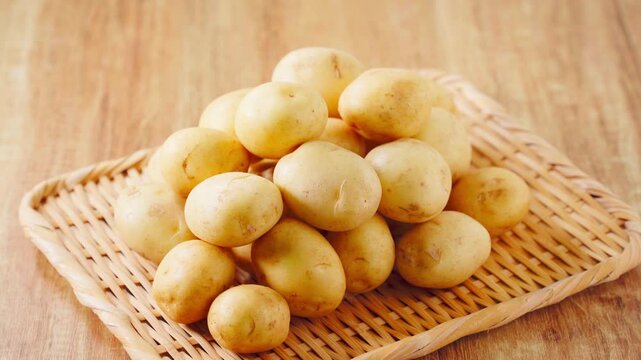 新じゃがいも 竹ざるに盛った春の旬野菜