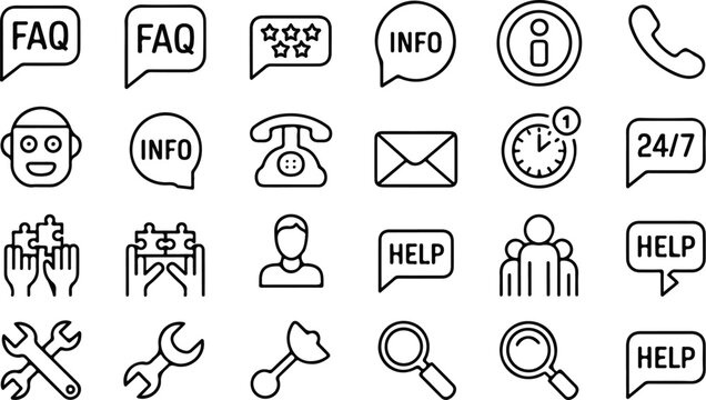 Set of flat design communication and support icons isolated on transparent background