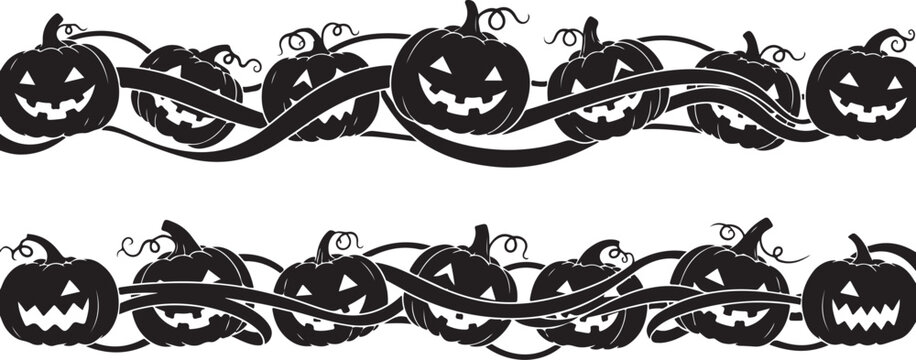 Halloween pumpkin border, black jack-o-lanterns, spooky vine decorations, vector icons