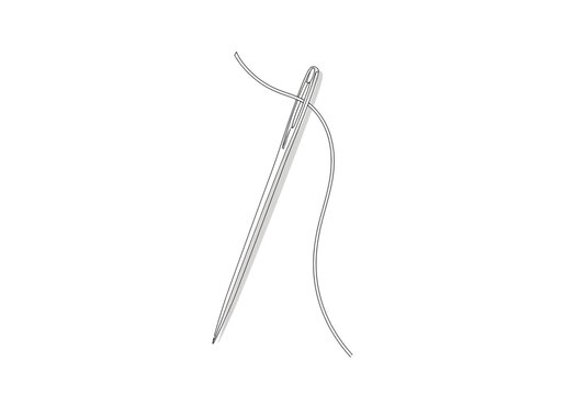 Single continuous line drawing of a sewing needle with thread with black and whi