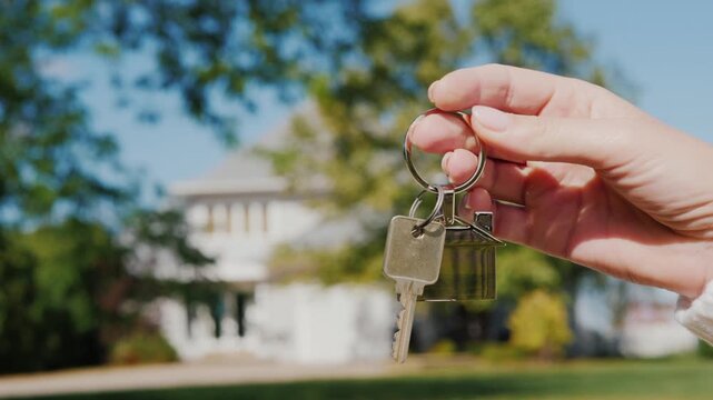 A woman's hand holding house keys with a charming key chain in front of a blurred white house, symbolizing homeownership and real estate dreams.