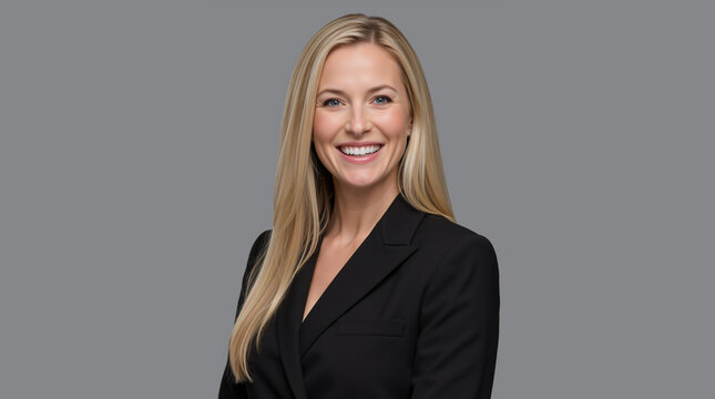 Portrait of a smiling blonde businesswoman in a black blazer. Confident female corporate executive headshot. Isolated on grey background