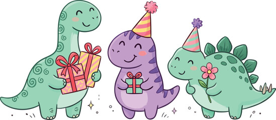 Kawaii Dinosaur Birthday Party Illustration Set Featuring Cute Prehistoric Characters Holding Gifts Flowers and Wearing Party Hats © MdMojnu
