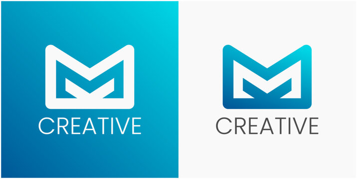 Modern logo design features bold letter "M" shape. White and blue gradients create clean, professional look. Simple typography enhances brand identity message