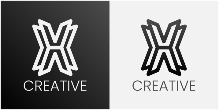 Modern logo design features bold, abstract letterforms. Graphic elements form stylized "X" shape with sharp, layered edges. Lower text reads "CREATIVE" in clean, sans-serif typeface