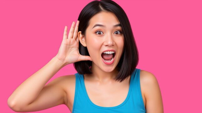 Young Asian woman cupping hand behind ear to listen. Excited female with open mouth hearing a secret or gossip on pink background. Copy space for text