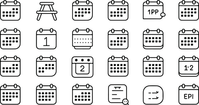 Set of flat design calendar date icons with various time and scheduling symbols