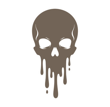 Brown skull with melted dripping effect on white background