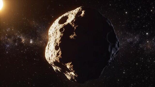Cinematic Rendering of a Large Cratered Asteroid in Deep Space with Dramatic Sun Rim Lighting and Starry Cosmos Background