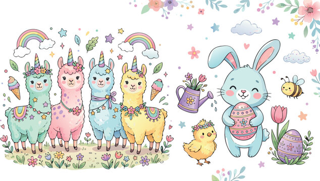 Kawaii Easter and Spring Illustration Set Featuring Llama Unicorns Cute Bunny With Eggs Chick and Garden Elements