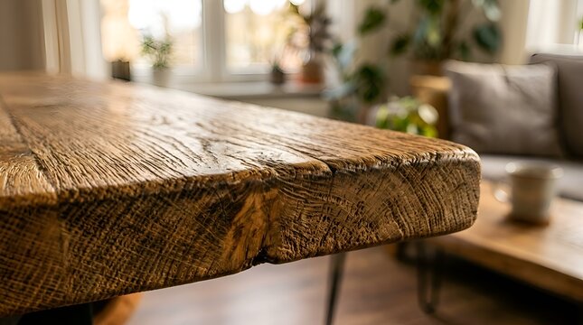 Rustic wooden table in bright living room interior