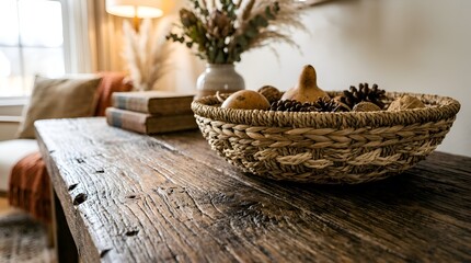 Obraz premium Rustic wooden table with autumnal decor: basket, vase, cozy interior
