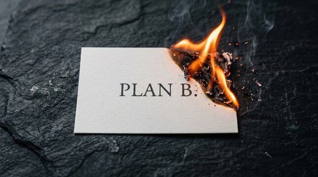 Card with 'plan b' text burning with flames and smoke on a dark stone surface, symbolizing failure or desperation
