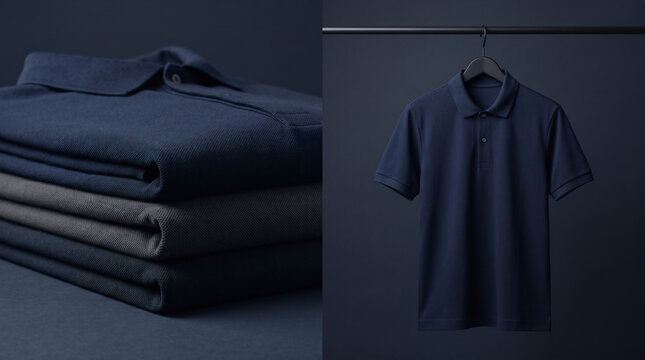 Stack of folded navy and grey polo shirts next to a single navy polo shirt on a hanger
