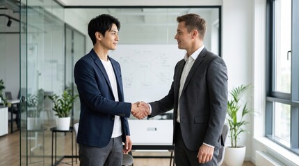 Fototapeta premium Startup Pitch Day - Startup Founder and Business Consultant Handshake After Successful Pitch