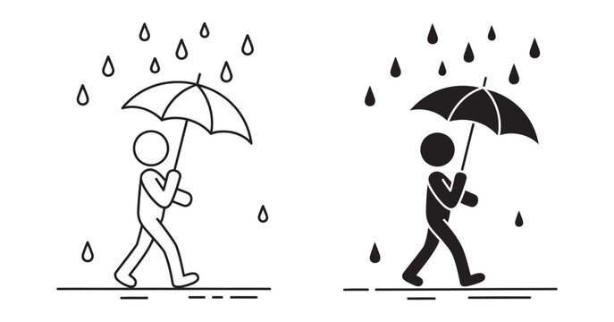 Person with umbrella in rain icon set, dual style illustration showing rainy weather protection, walking outdoors and climate condition concept