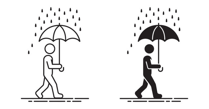 Person with umbrella in rain icon set, dual style illustration showing rainy weather protection, walking outdoors and climate condition concept