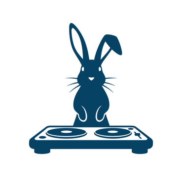Rabbit DJ spinning records on turntable with big ears up  fun music concept