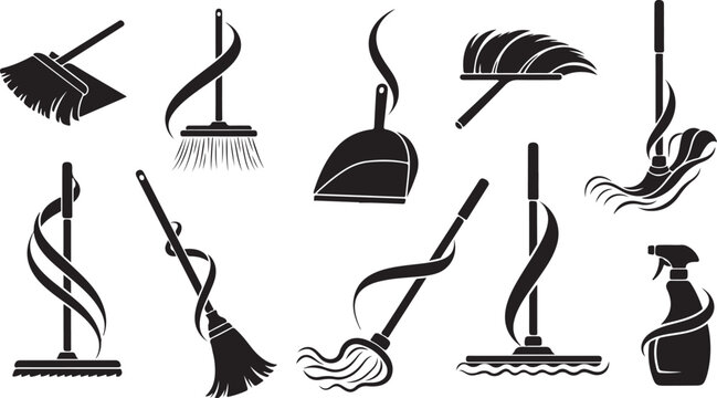 Cleaning tools icons, brooms, mops, dusters, cleaning supplies, black vector illustrations