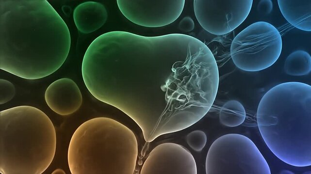 Microscopic view of colorful cells dividing and multiplying in a biological environment.