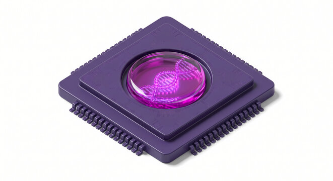 3D Isometric Biotechnology and Genetic Engineering Icon Gene Sequencer Microchip.. Electric Magenta Glass Style, Sharp Shadows, Bio-Tech Research Concept