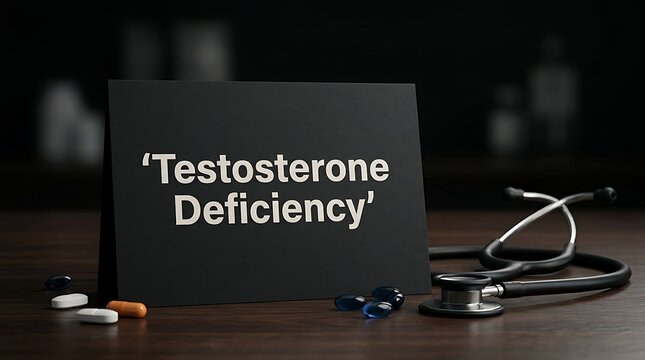 Testosterone deficiency medical title card on dark wooden desk with stethoscope and blue medication pills in clinic office