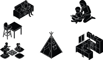 Naklejka premium Family Life and Home Activities Icon Set Featuring Playtime, Cooking, and Family Bonding Moments