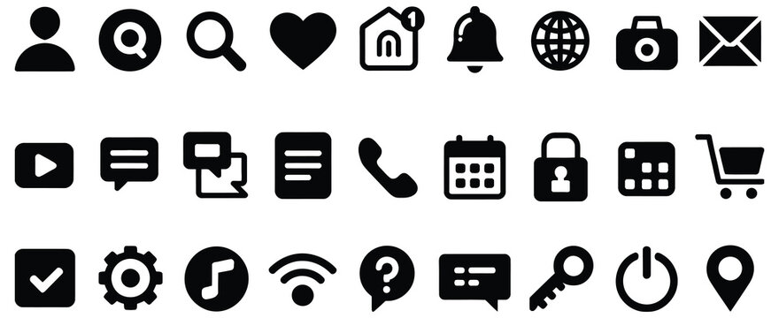 Universal user interface glyph icon set featuring communication media navigation security shopping notifications symbols for modern web and mobile application design 