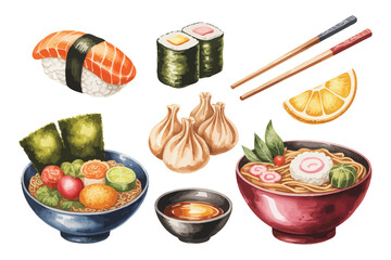 Hand-Painted Asian Cuisine Watercolor Bundle, Sushi and Ramen Food Clipart Set © Tanvir Rana