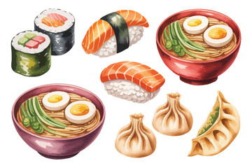 Watercolor Japanese Food Illustration Set, Sushi Ramen Dumpling Clipart, Isolated Vector © Tanvir Rana