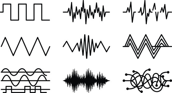 Complex Signal Waveforms and Audio Patterns Icon Set Featuring Sine, Square, and Custom Wave Signals for Audio Engineering and Data Visualization