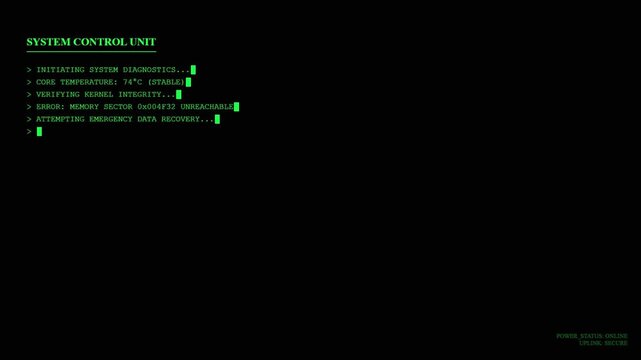 System Halted Fatal Error Message with Critical Memory Sector Failure and Emergency Data Recovery System Control Unit Digital Interface Animation.