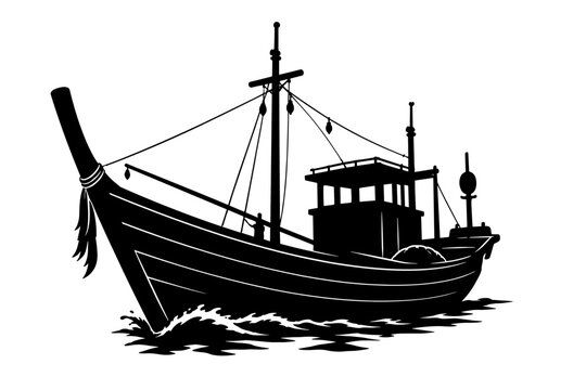 Fishing schooner silhouette sailing in the sea for fish spawning