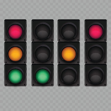 Realistic LED Traffic Light Vector Set. Glowing Red, Yellow and Green Stoplights Isolated on Transparent Background.