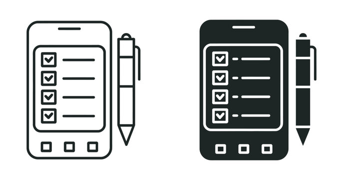 Smartphone checklist icon set, pen input mobile survey form, digital task management, online questionnaire and e-signature interface vector design