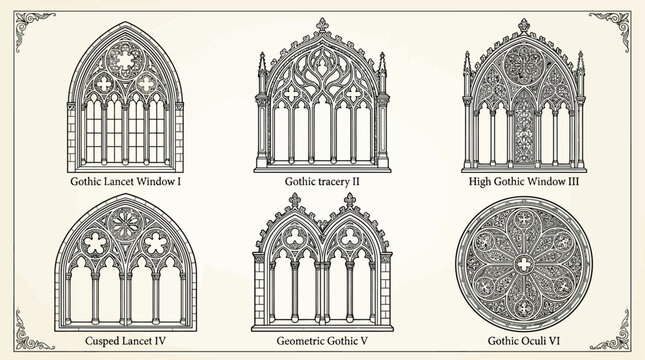 Discover the architectural concepts behind various ornate Gothic window designs, showcasing intricate patterns and historical styles from medieval European cathedrals
