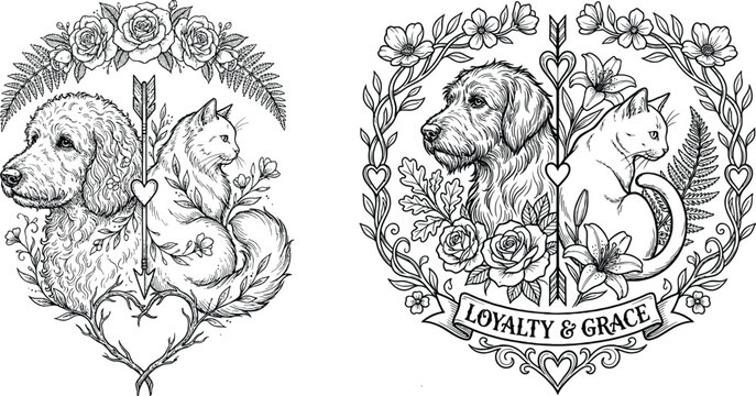 Black and white ink illustration of a dog and cat with flowers and heart frame