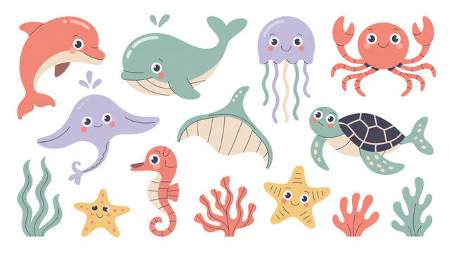 Colorful cartoon sea creatures and ocean life illustration set Vector
