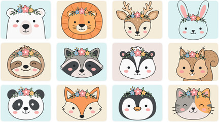 Obraz premium Kawaii Woodland and Jungle Animal Avatar Set Featuring Cute Forest Creatures with Floral Crown Decorations for Nursery