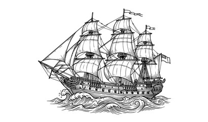 Nautical tall sailing ship line art vector illustration isolated on white background © MdRabbi