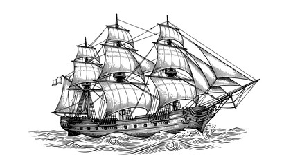 Vintage maritime sailing ship engraving vector illustration isolated on white background © MdRabbi