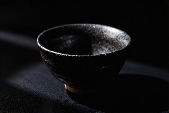 Japanese black raku matcha tea bowl, dark moody chiaroscuro